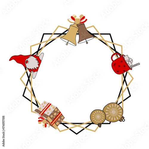 Holiday frame with mug, gnome, bells and Christmas decorations vector illustration