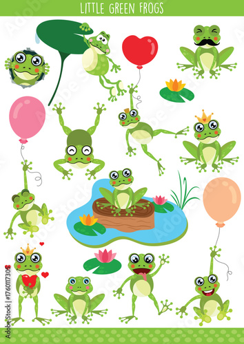 Adorable Little Green Frog Character Clip Art Set