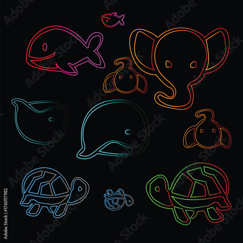 Neon Outlines of Marine Animals and an Elephant.