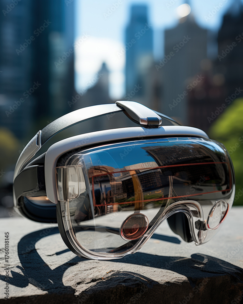 Fototapeta premium Augmented reality headset placed on concrete ledge with modern skyscrapers reflecting in the lenses, symbolizing the fusion of digital and real-world experiences.