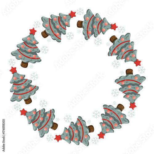 Round Christmas wreath with decorated fir trees and snowflakes. Winter Vector isolated illustration on white background.