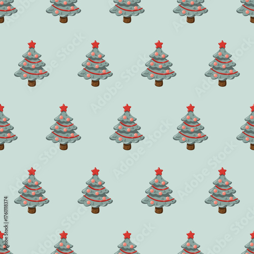 Seamless pattern with cartoon Christmas trees on blue background. Vector festive holiday background. Description: