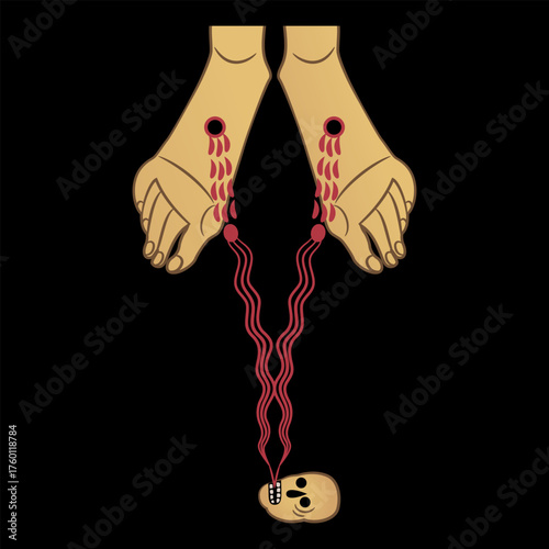 Bleeding feet of Jesus Christ and human skull. Christian symbol of redemption. 