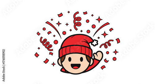 Vector  cartoon character wearing a red hat surrounded by confetti and stars in a celebratory mood