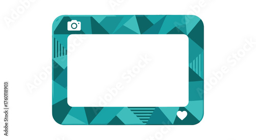 Vector  turquoise frame with geometric pattern and rounded corners featuring camera and heart icons