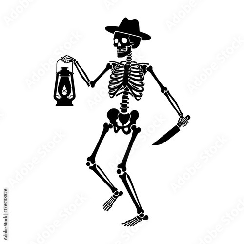 Black Silhouette Skeleton Walking with Hat, Lantern, and Knife Vector Illustration