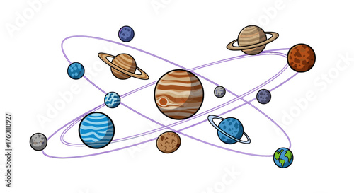 Vector  collection of cartoon planets with rings and varied textures orbiting a central planet