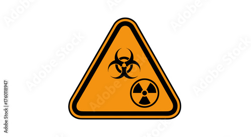Vector  illustration of an orange warning triangle with a biohazard and radiation symbol inside it