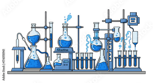 Vector  illustration of a complex chemistry laboratory setup with various flasks and test tubes filled with liquid