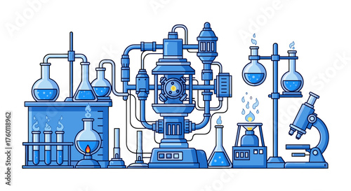 Vector  illustration showcasing a complex laboratory setup with various scientific apparatus and glassware
