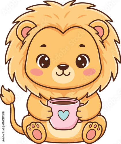 Cute Cartoon Lion Holding Coffee Cup Illustration