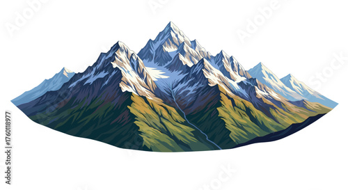Vector  illustration of a mountain range with snow capped peaks and green slopes in a scenic view