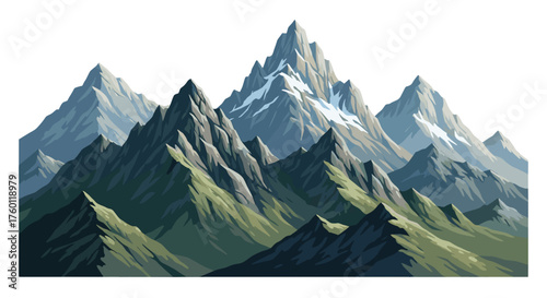 Vector  illustration showing a range of jagged mountain peaks with snow and green vegetation below