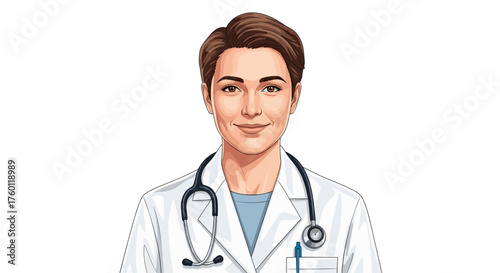 Vector  illustration of a smiling female doctor with a stethoscope and lab coat in a medical setting