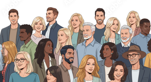 Vector  diverse group of people standing together in a crowd with varying ages and ethnicities smiling
