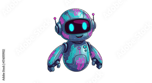 Vector  illustration depicting a cartoon robot with glowing eyes and colorful circuit patterns design style