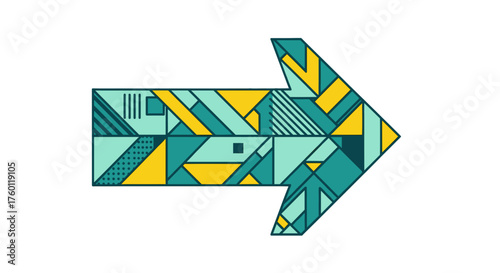 Vector  stylized arrow composed of teal and yellow geometric shapes pointing to the right side view