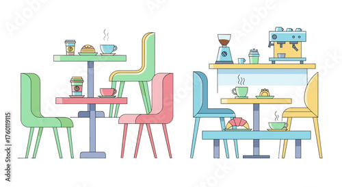 Vector  illustration of a cafe interior with tables, chairs, coffee, pastries, and coffee making equipment