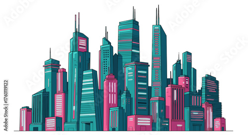 Vector  illustration of a stylized cityscape with tall buildings in shades of teal and pink hues