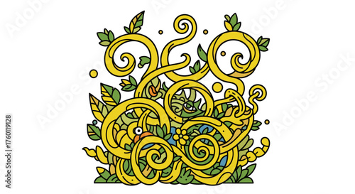 Vector  illustration of swirling golden vines with green leaves and small bird peeking through foliage