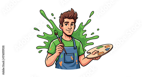 Vector  illustration of an artist holding a paintbrush and palette with a green paint splash behind him