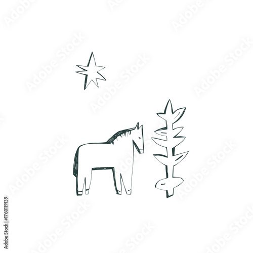Minimal horse with plant and star composition in soft scandinavian folk style illustration