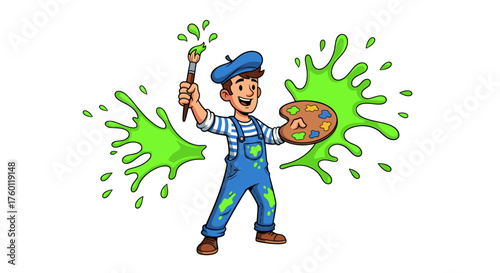 Vector  cartoon painter with beret holding a brush and palette standing amidst paint splatters art