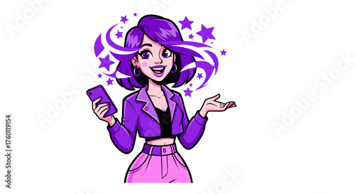 Vector  cartoon woman with purple hair holding a phone and surrounded by stars and crescent moons