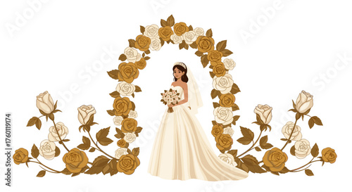 Vector  illustration of a bride in a gown holding a bouquet under a floral archway of roses and leaves