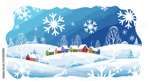 Vector  a whimsical winter scene featuring colorful houses nestled in snow covered hills with snowflakes falling