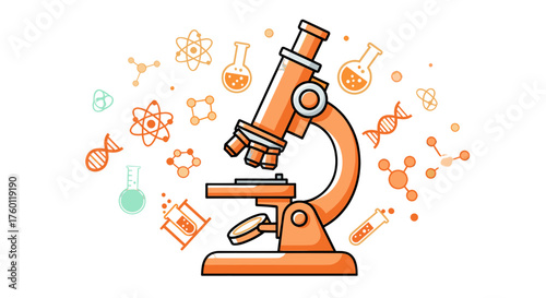 Vector  illustration of a microscope surrounded by molecules atoms and laboratory glassware elements