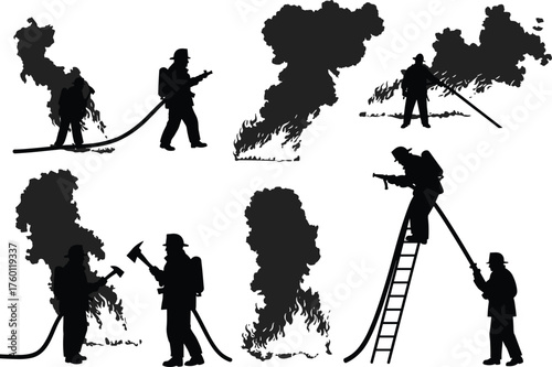 Firefighter, emergency, rescue, fire, safety, teamwork, protection, disaster, response, bravery, hose, ladder, axe, smoke, flames, danger, hero, equipment, uniform, silhouette, action
