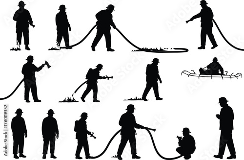 Firefighter, emergency, rescue, fire, safety, teamwork, protection, disaster, response, bravery, hose, stretcher, danger, support, hero, equipment, uniform, silhouette, action, saving, life