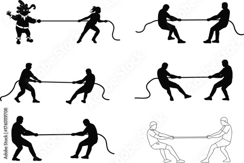 Tug of war, cartoon jester, rope pulling, teamwork, competition, struggle, challenge, rivalry, contest, effort, power, unity, determination, cooperation, 