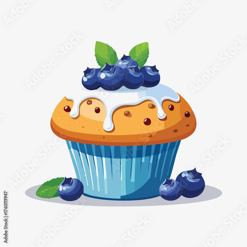 Delicious Blueberry Muffin with White Icing and Berries