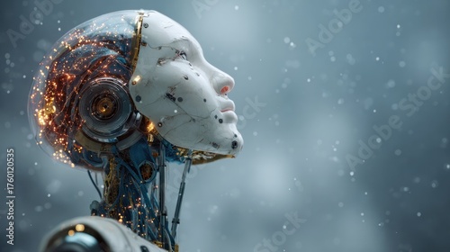 Futuristic female robot with human-like face and advanced cybernetic features in snowy weather showcasing artificial ligence technology and robotics innovation