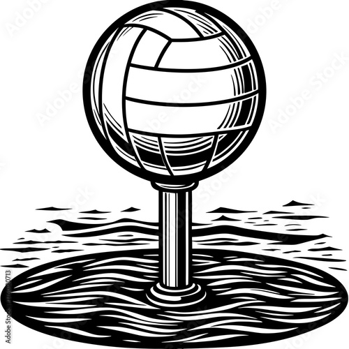 Volleyball Icon on Display: a stylized monochrome image showcasing a volleyball resting atop a classical column, set against a backdrop suggesting water, symbolizing the core elements of the sport.