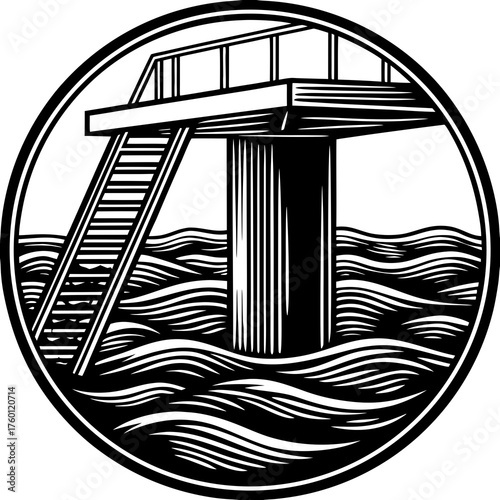 Leap of faith: Dive into a world of recreation. This image captures the essence of summertime fun, with an inviting diving board set against the dynamic backdrop of ocean waves.