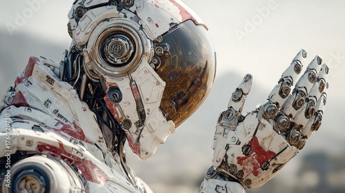 Highly detailed futuristic robot astronaut with advanced armor and helmet in space setting, robotic hand gesture and intricate mechanical design