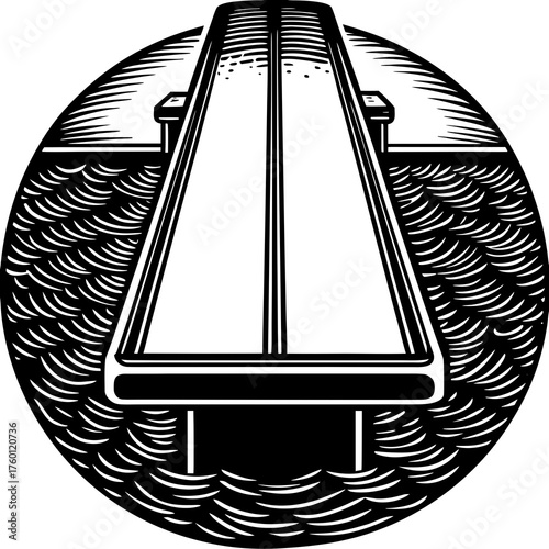 Dive into Serenity: An artistic rendering of a diving board extends over rippling water, embodying tranquility and the anticipation of a refreshing plunge.