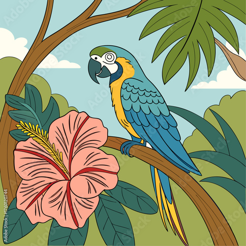A cute cartoon parrot sits on a tropical branch in a vector illustration for wildlife and nature art