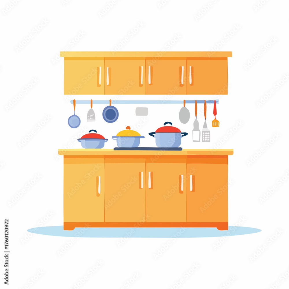 Naklejka premium Cartoon Kitchen Illustration with Cabinets, Pots, and Utensils