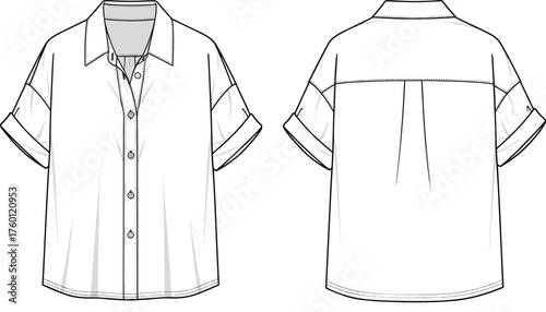 Fashion flat sketch, short sleeve shirt, button up design, classic collar, folded cuff, technical drawing, garment construction, apparel vector illustration
