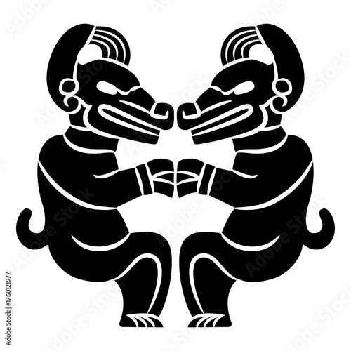 Symmetrical indigenous design with two fantastic animals. Ethnic Native American motif from Veracruz, Mexico. Black and white silhouette.