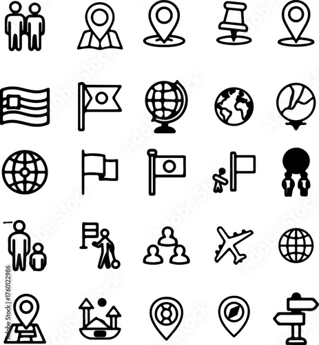 Collection of outline icons representing travel navigation location and global connectivity