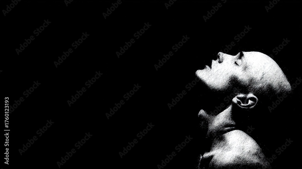 Fototapeta premium High contrast stark image of a bald person looking upward in shadow and light