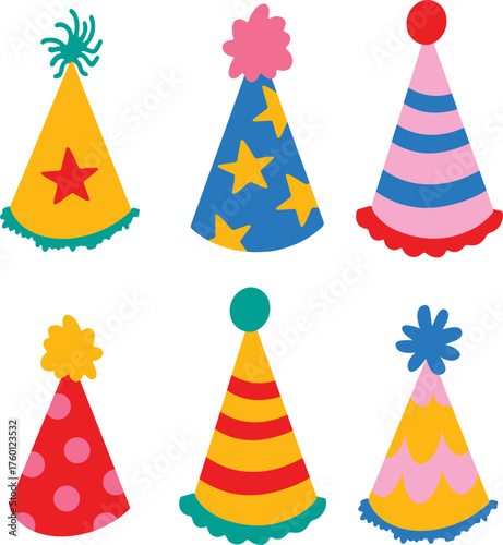 Happy Birthday hat vector pack. Colorful party accessories for invitations and celebration design. Fun festive vector illustration for greeting cards and posters.