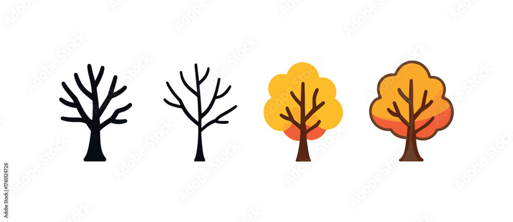 Fototapeta premium Vector icon bare tree autumn same pose same proportions four styles black solid glyph outline minimal flat multicolor filled cartoon flat shaded.