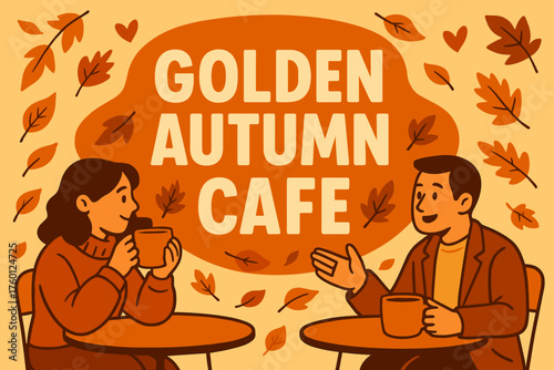 Golden autumn cafe banner flat vector illustration bold oversized text inside rounded blob cartoon characters chatting with cappuccino mugs at outdoor café tables shaped like the banner.