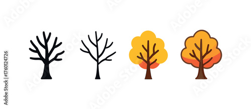 Vector icon bare tree autumn same pose same proportions four styles black solid glyph outline minimal flat multicolor filled cartoon flat shaded.